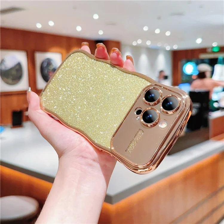 For iPhone 16 Pro Case Electroplating Curly Frame TPU Glitter Phone Cover Large Window