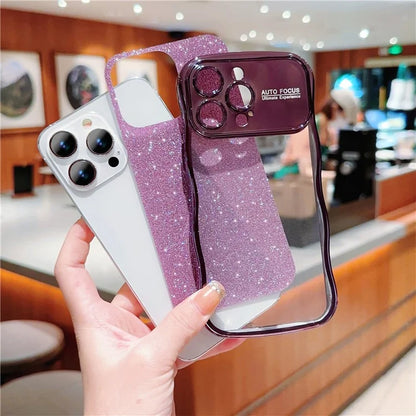 For iPhone 16 Pro Case Electroplating Curly Frame TPU Glitter Phone Cover Large Window