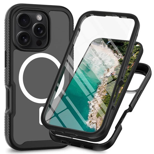 For iPhone 16 Pro Max Magnetic Case PC+TPU Phone Cover with PET Screen Film All-Around Protection