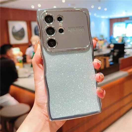 For Samsung Galaxy S24 Ultra Case Electroplating Curly Frame TPU Glitter Phone Cover Large Window