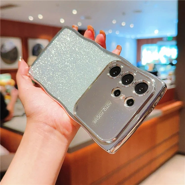 For Samsung Galaxy S24 Ultra Case Electroplating Curly Frame TPU Glitter Phone Cover Large Window