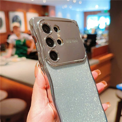 For Samsung Galaxy S24 Ultra Case Electroplating Curly Frame TPU Glitter Phone Cover Large Window