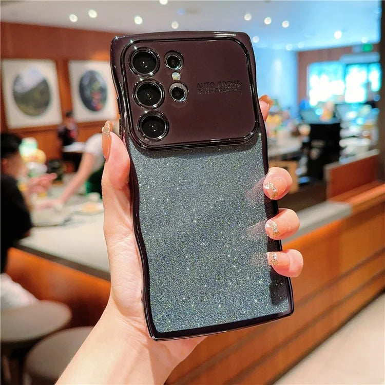 For Samsung Galaxy S24 Ultra Case Electroplating Curly Frame TPU Glitter Phone Cover Large Window