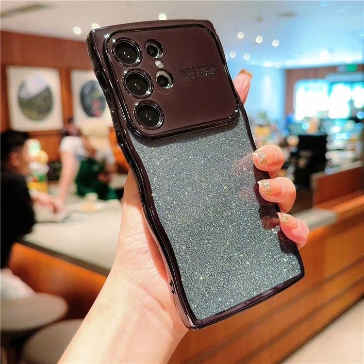 For Samsung Galaxy S24 Ultra Case Electroplating Curly Frame TPU Glitter Phone Cover Large Window