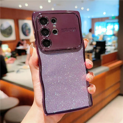 For Samsung Galaxy S24 Ultra Case Electroplating Curly Frame TPU Glitter Phone Cover Large Window