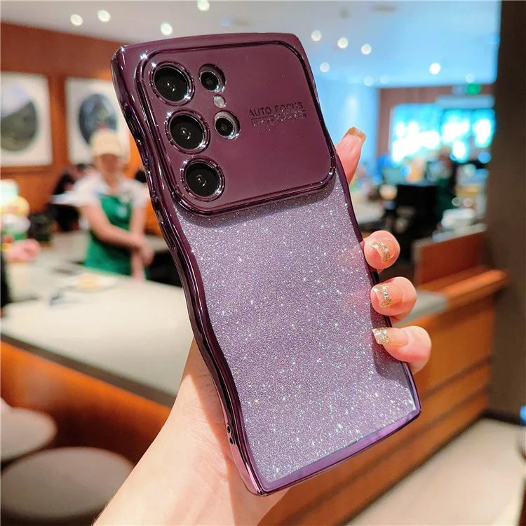 For Samsung Galaxy S24 Ultra Case Electroplating Curly Frame TPU Glitter Phone Cover Large Window