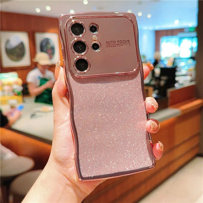 For Samsung Galaxy S24 Ultra Case Electroplating Curly Frame TPU Glitter Phone Cover Large Window