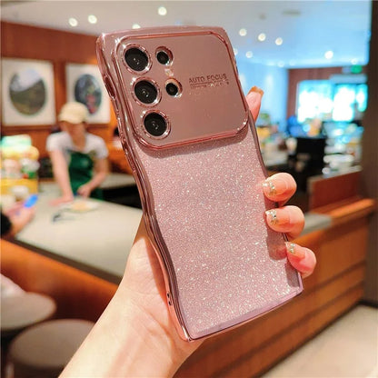 For Samsung Galaxy S24 Ultra Case Electroplating Curly Frame TPU Glitter Phone Cover Large Window