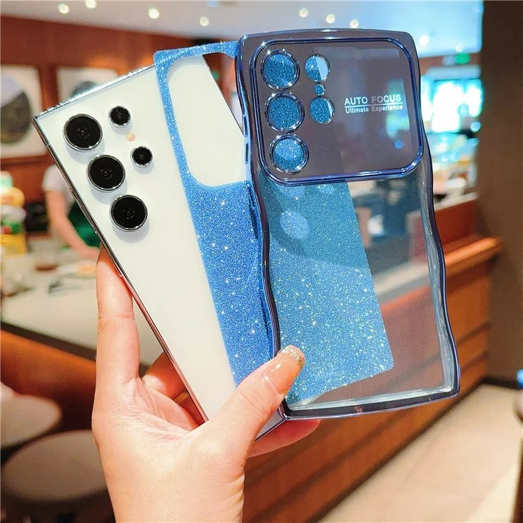 For Samsung Galaxy S24 Ultra Case Electroplating Curly Frame TPU Glitter Phone Cover Large Window