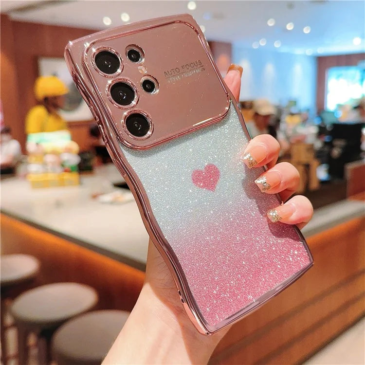 For Samsung Galaxy S24 Ultra Case Love Heart Gradient Glitter TPU Phone Cover Electroplating Curly Frame