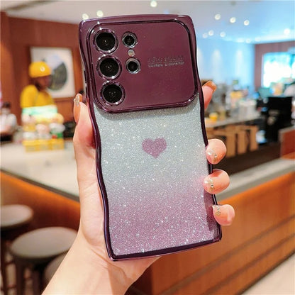 For Samsung Galaxy S24 Ultra Case Love Heart Gradient Glitter TPU Phone Cover Electroplating Curly Frame