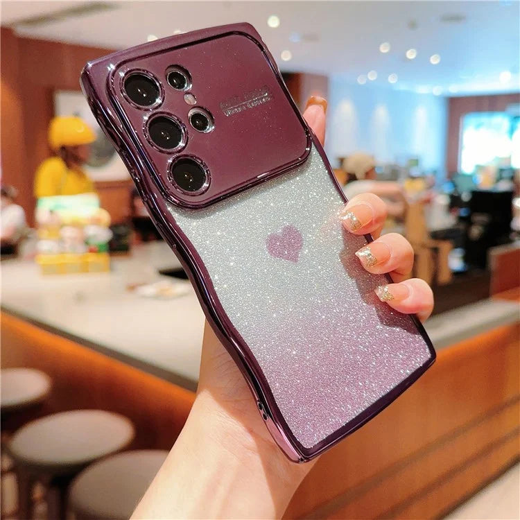 For Samsung Galaxy S24 Ultra Case Love Heart Gradient Glitter TPU Phone Cover Electroplating Curly Frame