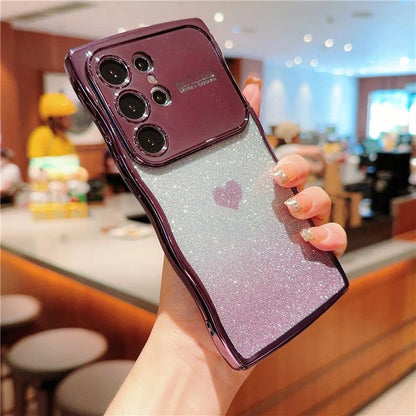 For Samsung Galaxy S24 Ultra Case Love Heart Gradient Glitter TPU Phone Cover Electroplating Curly Frame