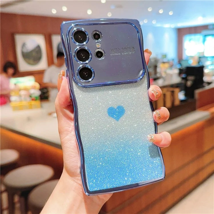 For Samsung Galaxy S24 Ultra Case Love Heart Gradient Glitter TPU Phone Cover Electroplating Curly Frame