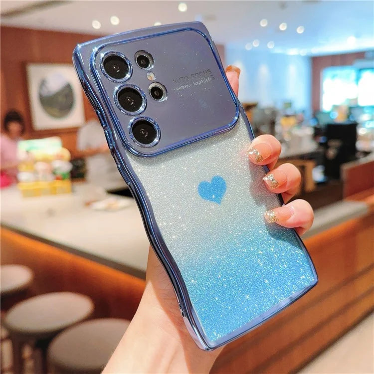 For Samsung Galaxy S24 Ultra Case Love Heart Gradient Glitter TPU Phone Cover Electroplating Curly Frame