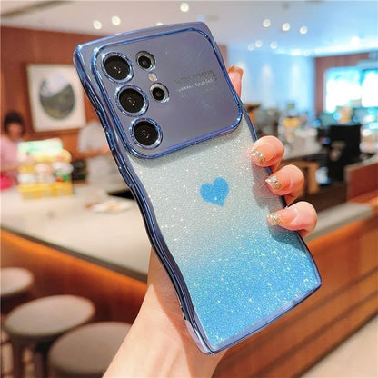 For Samsung Galaxy S24 Ultra Case Love Heart Gradient Glitter TPU Phone Cover Electroplating Curly Frame