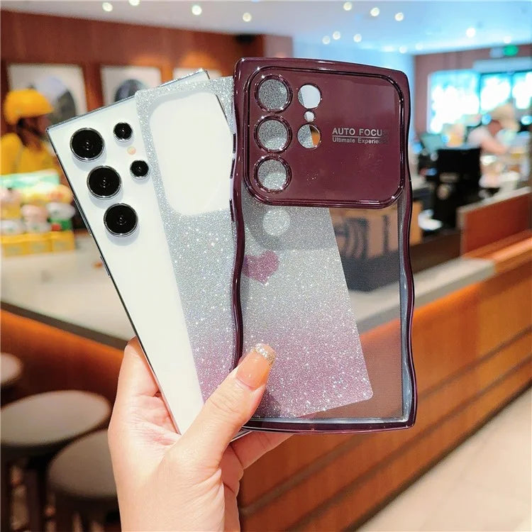 For Samsung Galaxy S24 Ultra Case Love Heart Gradient Glitter TPU Phone Cover Electroplating Curly Frame