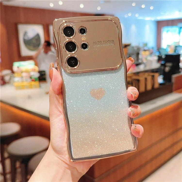For Samsung Galaxy S24 Ultra Case Love Heart Gradient Glitter TPU Phone Cover Electroplating Curly Frame
