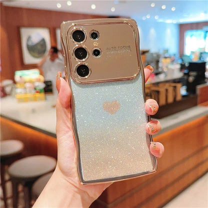 For Samsung Galaxy S24 Ultra Case Love Heart Gradient Glitter TPU Phone Cover Electroplating Curly Frame