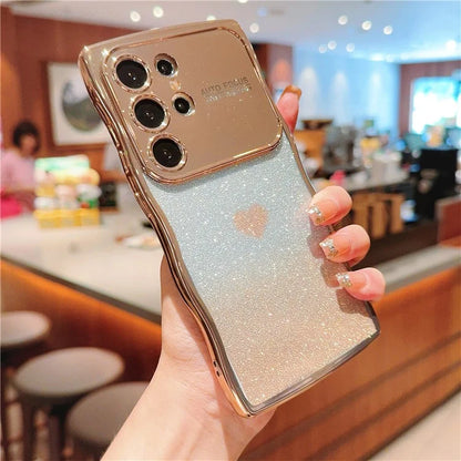 For Samsung Galaxy S24 Ultra Case Love Heart Gradient Glitter TPU Phone Cover Electroplating Curly Frame