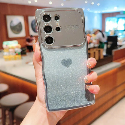 For Samsung Galaxy S24 Ultra Case Love Heart Gradient Glitter TPU Phone Cover Electroplating Curly Frame