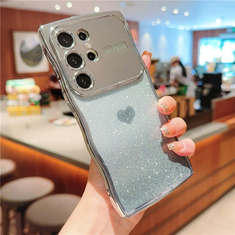 For Samsung Galaxy S24 Ultra Case Love Heart Gradient Glitter TPU Phone Cover Electroplating Curly Frame