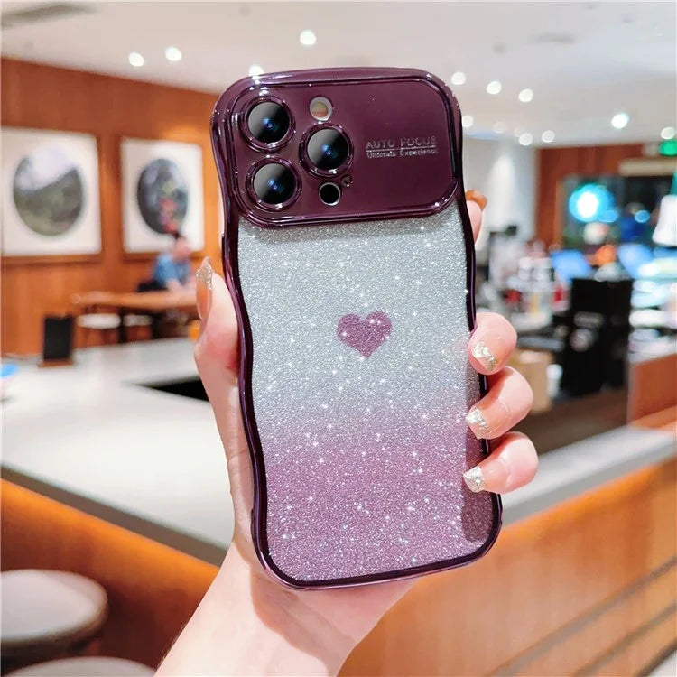 For iPhone 16 Pro Case Love Heart Gradient Glitter TPU Phone Cover Electroplating Curly Frame