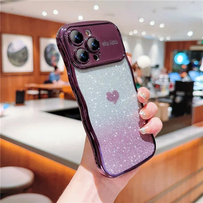 For iPhone 16 Pro Case Love Heart Gradient Glitter TPU Phone Cover Electroplating Curly Frame