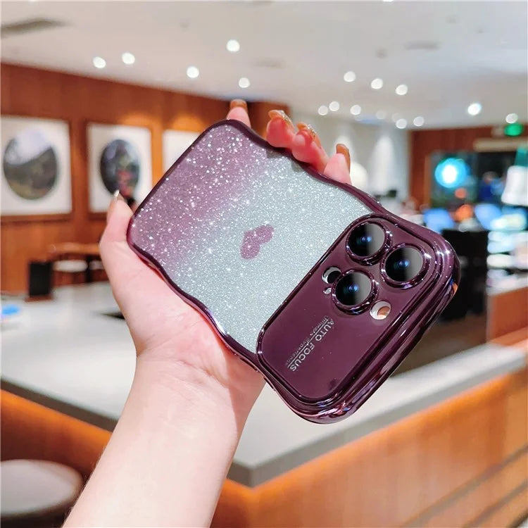 For iPhone 16 Pro Case Love Heart Gradient Glitter TPU Phone Cover Electroplating Curly Frame
