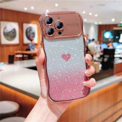 For iPhone 16 Pro Case Love Heart Gradient Glitter TPU Phone Cover Electroplating Curly Frame