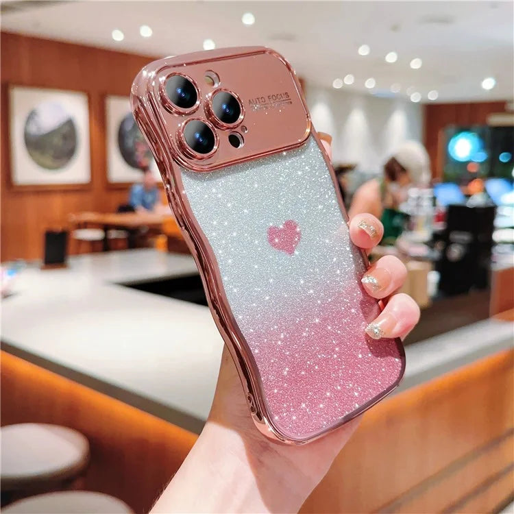 For iPhone 16 Pro Case Love Heart Gradient Glitter TPU Phone Cover Electroplating Curly Frame