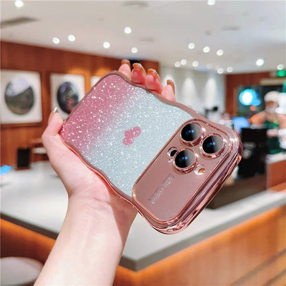 For iPhone 16 Pro Case Love Heart Gradient Glitter TPU Phone Cover Electroplating Curly Frame