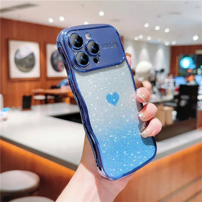 For iPhone 16 Pro Case Love Heart Gradient Glitter TPU Phone Cover Electroplating Curly Frame