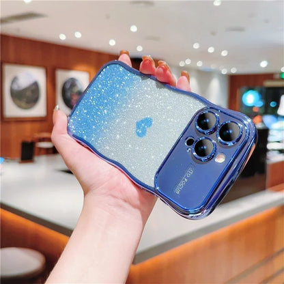 For iPhone 16 Pro Case Love Heart Gradient Glitter TPU Phone Cover Electroplating Curly Frame