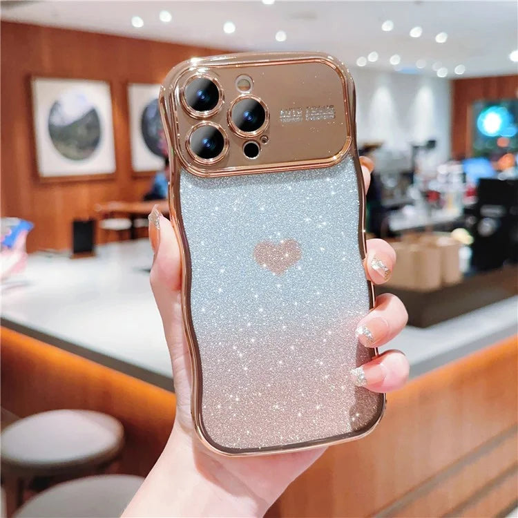 For iPhone 16 Pro Case Love Heart Gradient Glitter TPU Phone Cover Electroplating Curly Frame