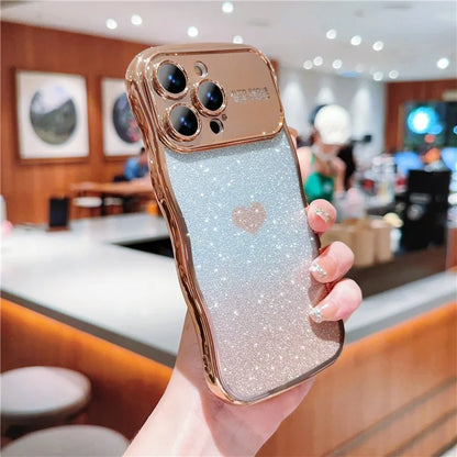 For iPhone 16 Pro Case Love Heart Gradient Glitter TPU Phone Cover Electroplating Curly Frame