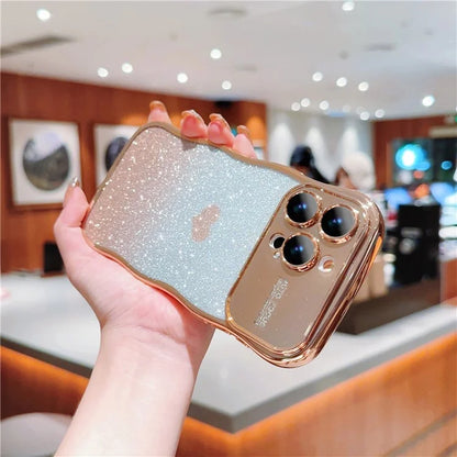 For iPhone 16 Pro Case Love Heart Gradient Glitter TPU Phone Cover Electroplating Curly Frame