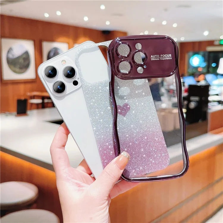 For iPhone 16 Pro Case Love Heart Gradient Glitter TPU Phone Cover Electroplating Curly Frame
