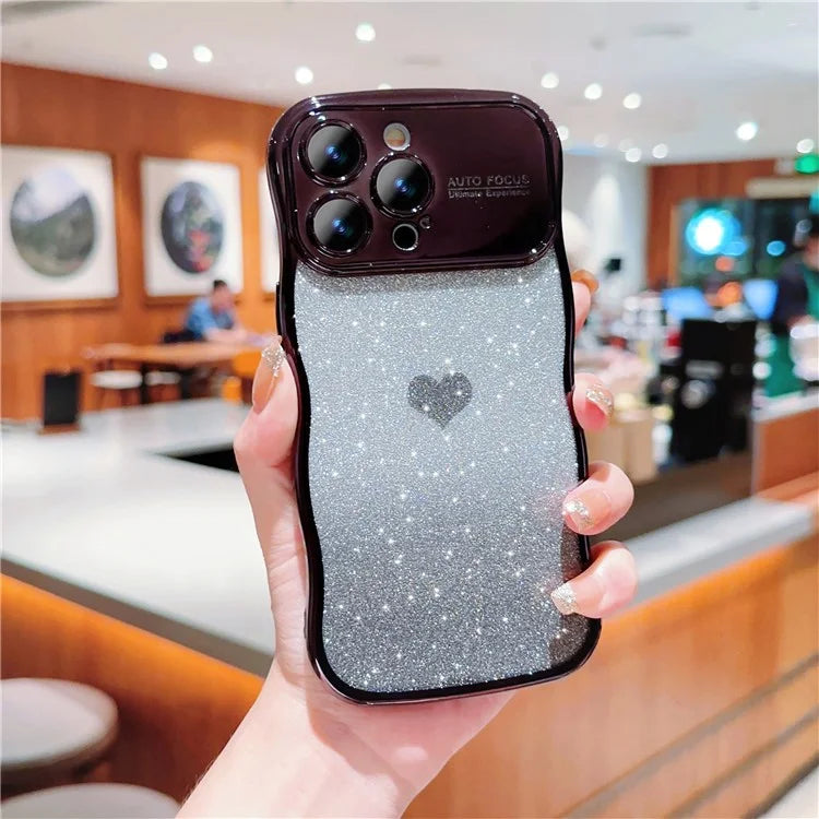 For iPhone 16 Pro Case Love Heart Gradient Glitter TPU Phone Cover Electroplating Curly Frame