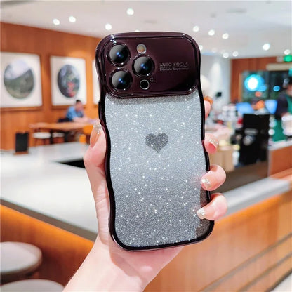 For iPhone 16 Pro Case Love Heart Gradient Glitter TPU Phone Cover Electroplating Curly Frame
