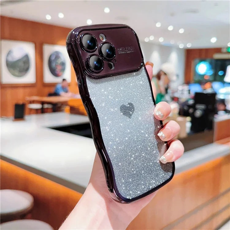 For iPhone 16 Pro Case Love Heart Gradient Glitter TPU Phone Cover Electroplating Curly Frame