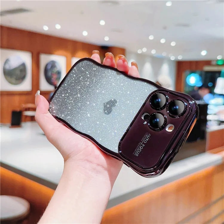 For iPhone 16 Pro Case Love Heart Gradient Glitter TPU Phone Cover Electroplating Curly Frame