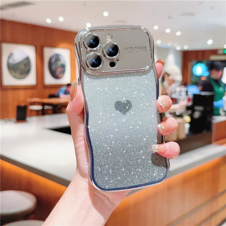 For iPhone 16 Pro Case Love Heart Gradient Glitter TPU Phone Cover Electroplating Curly Frame