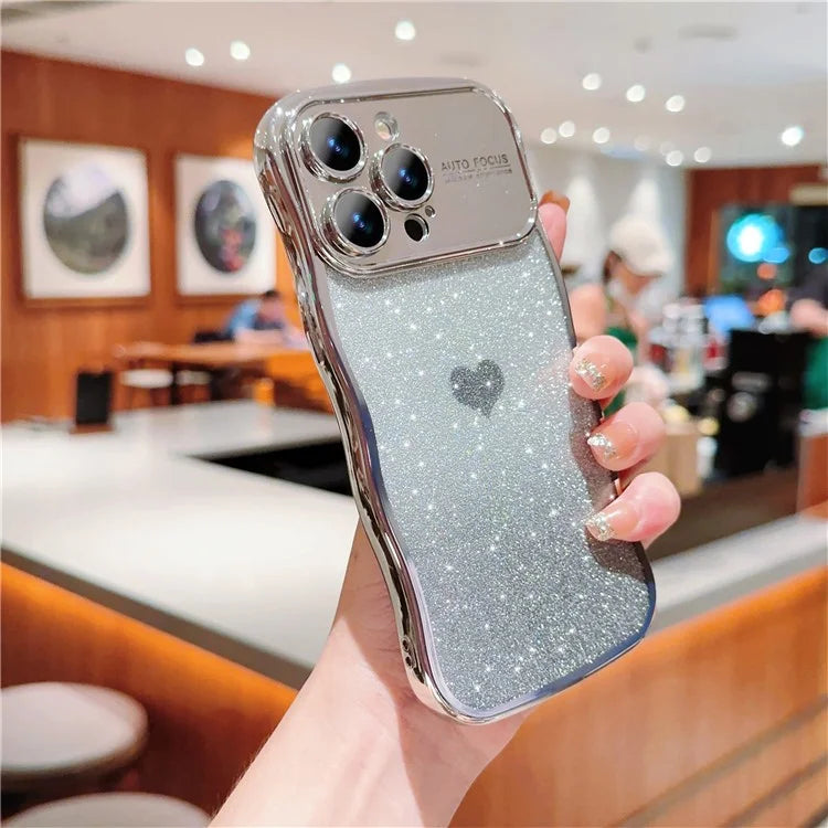 For iPhone 16 Pro Case Love Heart Gradient Glitter TPU Phone Cover Electroplating Curly Frame