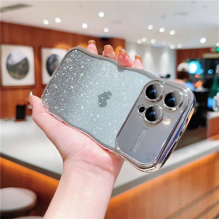 For iPhone 16 Pro Case Love Heart Gradient Glitter TPU Phone Cover Electroplating Curly Frame