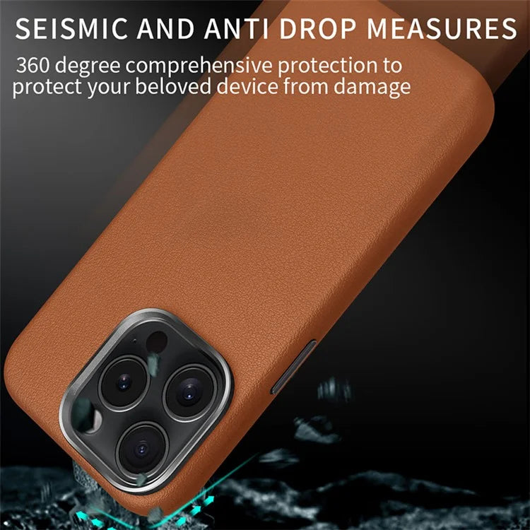 For iPhone 16 Pro Max Case Anti-Drop PU+TPU Phone Cover with Metal Buttons, Metal Lens Frame