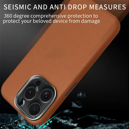 For iPhone 16 Pro Max Case Anti-Drop PU+TPU Phone Cover with Metal Buttons, Metal Lens Frame