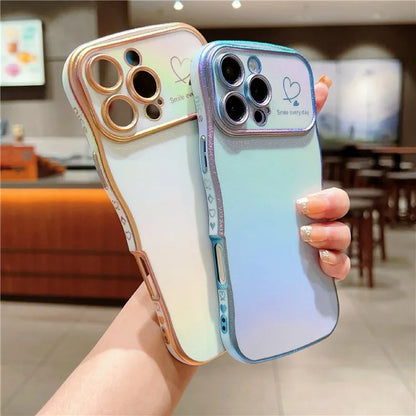 For iPhone 16 Pro Case Curly Shape Love Heart TPU Phone Cover Iridescent Gradient