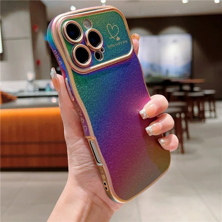 For iPhone 16 Pro Case Curly Shape Love Heart TPU Phone Cover Iridescent Gradient