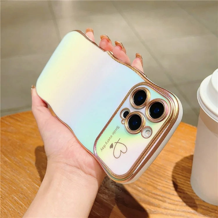 For iPhone 16 Pro Max Case Curly Shape Love Heart TPU Phone Cover Iridescent Gradient